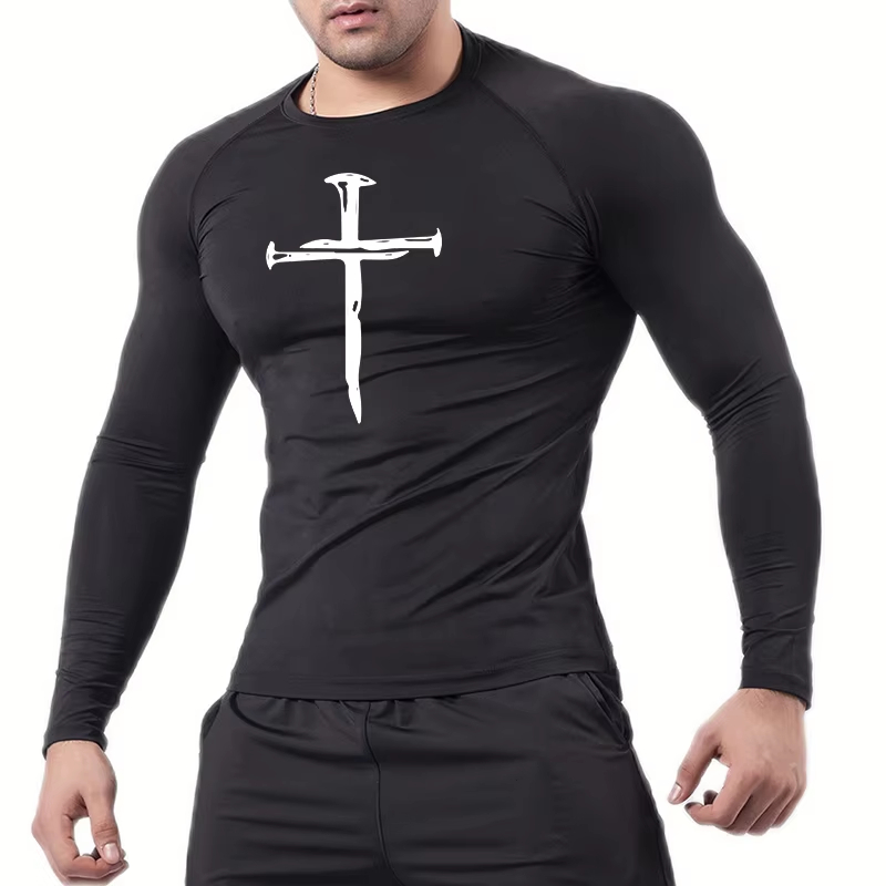 Rash Guard - เสื้อออกกำลังกายแบบรัดรูปสำหรับคริสเตียน ลายกราฟิก แขนยาว เสื้อแรชการ์ดสำหรับนักกีฬา แห้งเร็ว เสื้อวิ่งและฝึกซ้อมสำหรับผู้ชาย